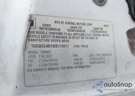 1998 Chevrolet C2500 Fleetside из США, поврежденный, VIN 1GCGC24R1WE119911